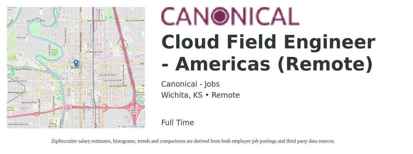 Canonical - Jobs job posting for a Cloud Field Engineer - Americas (Remote) in Wichita, KS with a salary of $50 to $67 Hourly with a map of Wichita location.