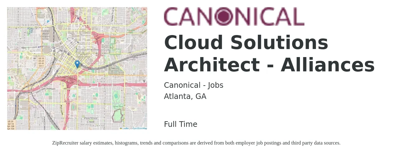 Canonical - Jobs job posting for a Cloud Solutions Architect - Alliances in Atlanta, GA with a salary of $61 to $84 Hourly with a map of Atlanta location.