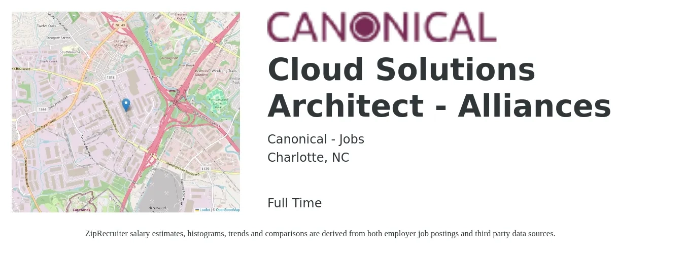 Canonical - Jobs job posting for a Cloud Solutions Architect - Alliances in Charlotte, NC with a salary of $62 to $85 Hourly with a map of Charlotte location.