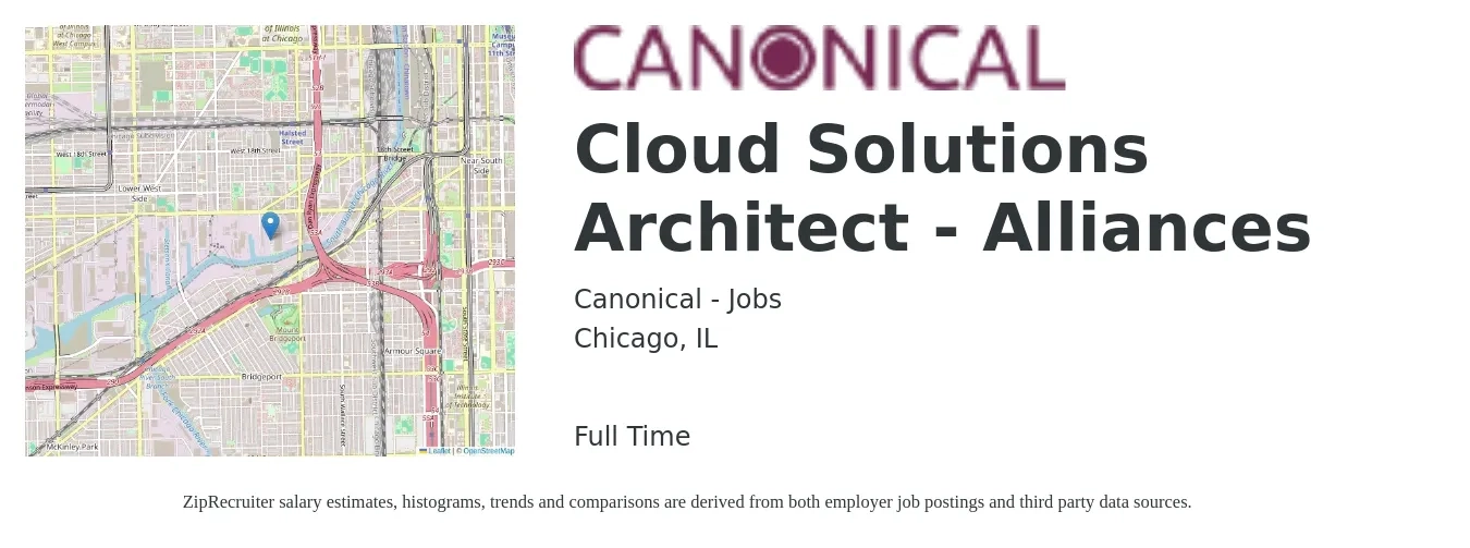 Canonical - Jobs job posting for a Cloud Solutions Architect - Alliances in Chicago, IL with a salary of $66 to $90 Hourly with a map of Chicago location.