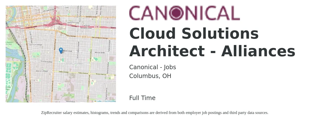 Canonical - Jobs job posting for a Cloud Solutions Architect - Alliances in Columbus, OH with a salary of $61 to $84 Hourly with a map of Columbus location.