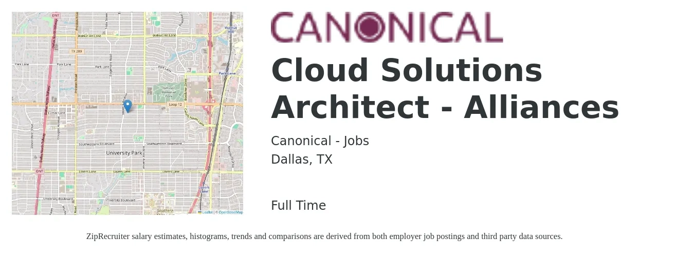 Canonical - Jobs job posting for a Cloud Solutions Architect - Alliances in Dallas, TX with a salary of $63 to $86 Hourly with a map of Dallas location.