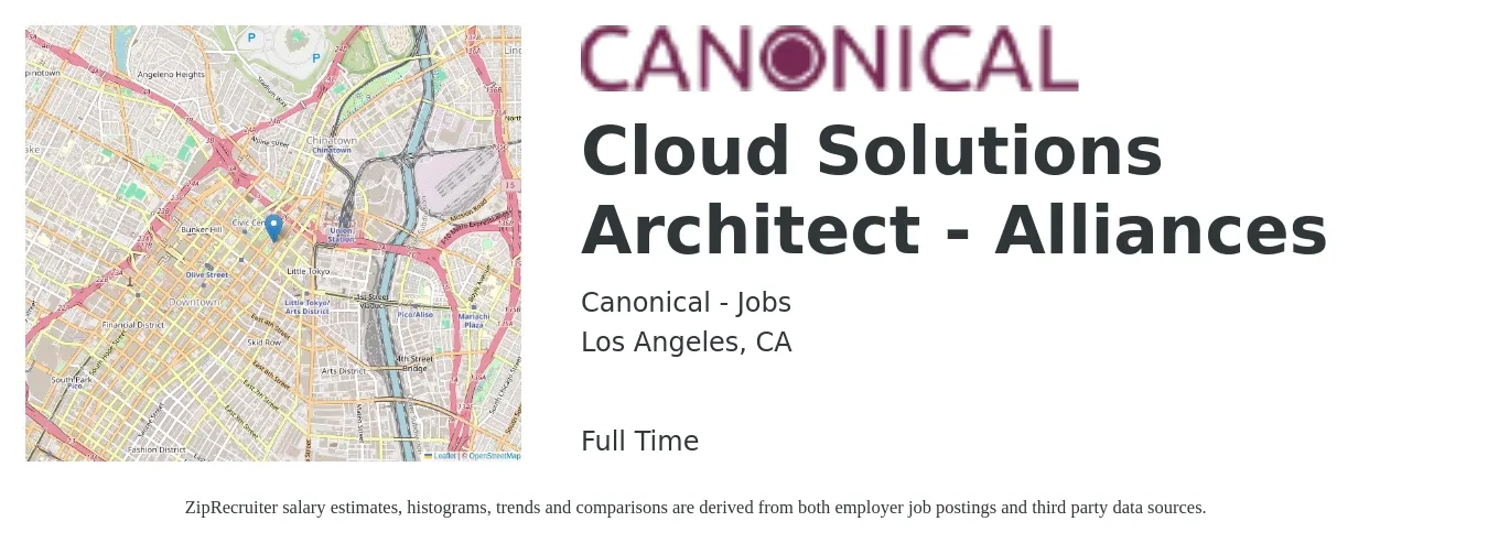 Canonical - Jobs job posting for a Cloud Solutions Architect - Alliances in Los Angeles, CA with a salary of $68 to $94 Hourly with a map of Los Angeles location.