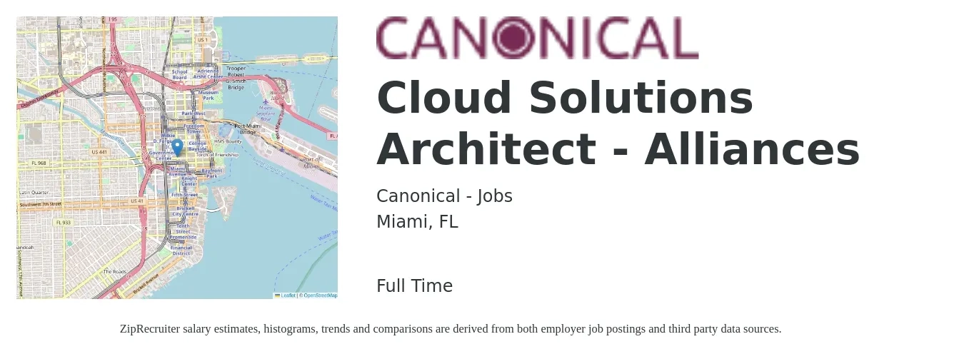 Canonical - Jobs job posting for a Cloud Solutions Architect - Alliances in Miami, FL with a salary of $61 to $83 Hourly with a map of Miami location.