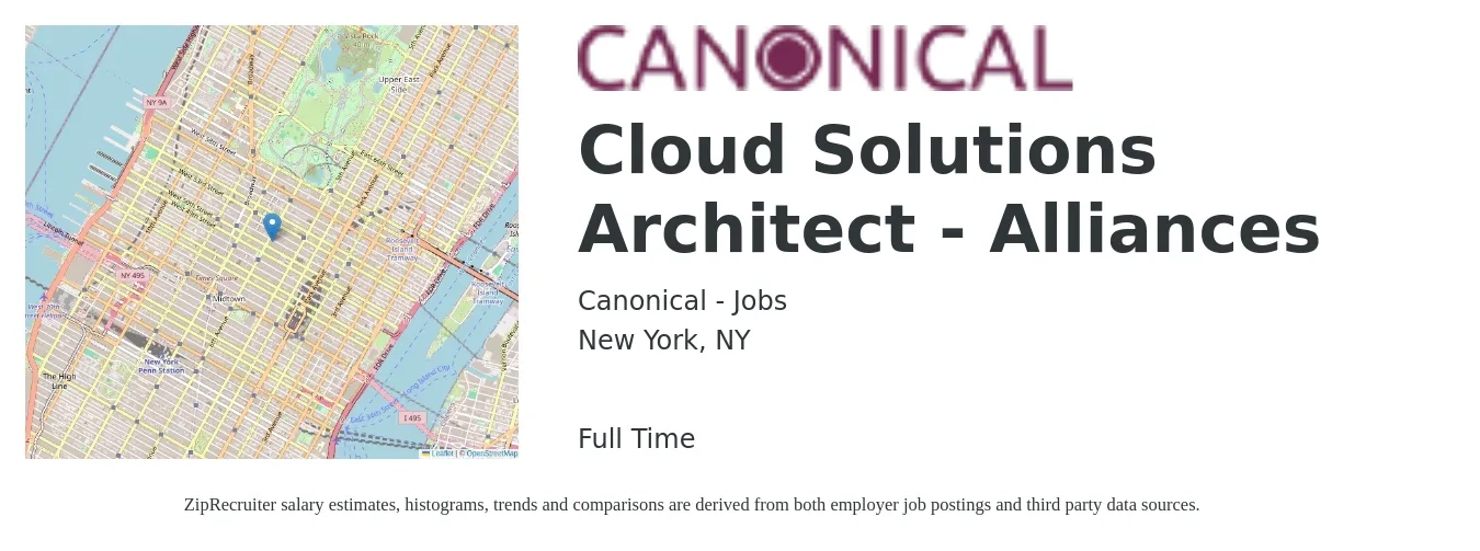 Canonical - Jobs job posting for a Cloud Solutions Architect - Alliances in New York, NY with a salary of $70 to $95 Hourly with a map of New York location.