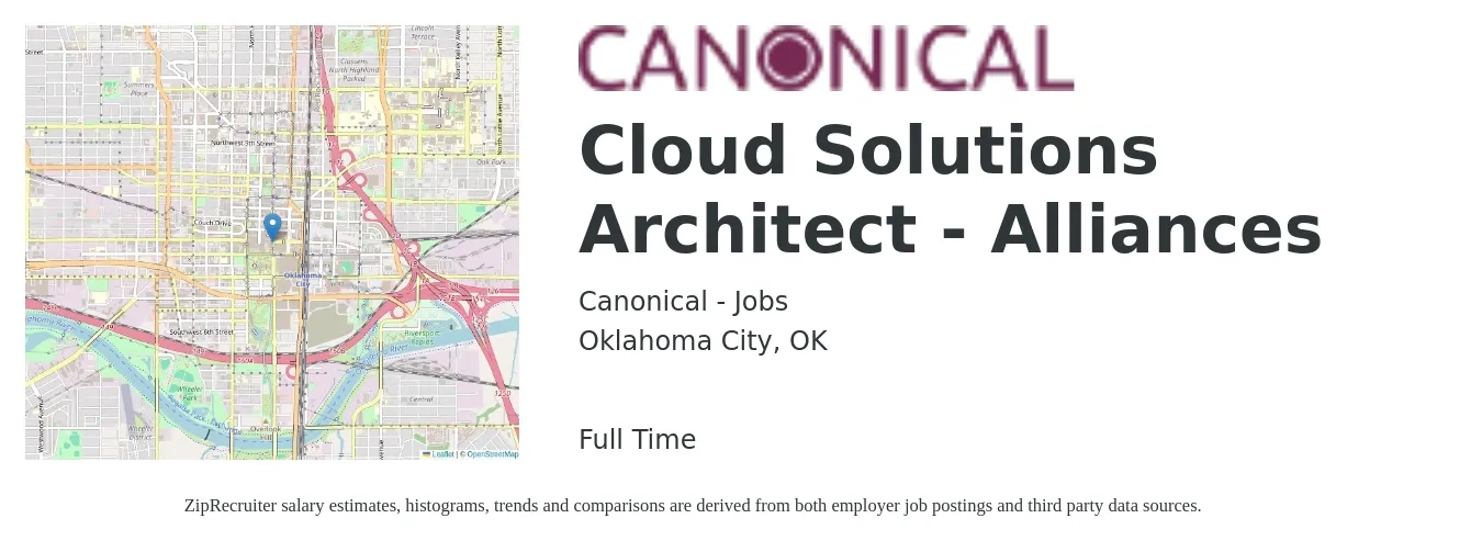 Canonical - Jobs job posting for a Cloud Solutions Architect - Alliances in Oklahoma City, OK with a salary of $59 to $81 Hourly with a map of Oklahoma City location.