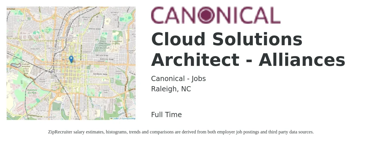 Canonical - Jobs job posting for a Cloud Solutions Architect - Alliances in Raleigh, NC with a salary of $62 to $84 Hourly with a map of Raleigh location.