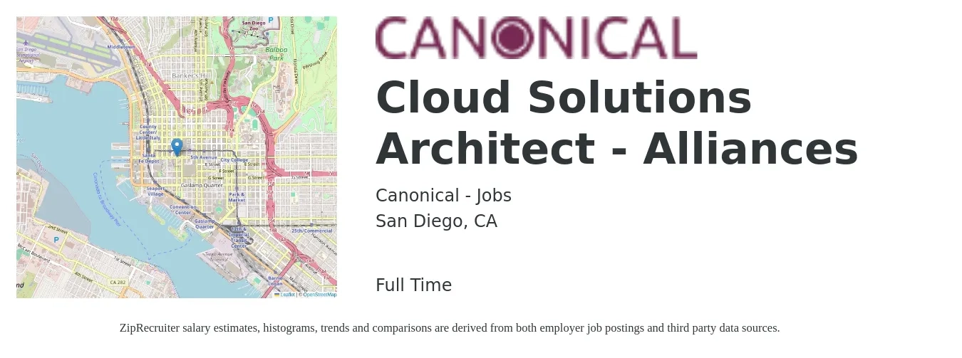 Canonical - Jobs job posting for a Cloud Solutions Architect - Alliances in San Diego, CA with a salary of $68 to $92 Hourly with a map of San Diego location.