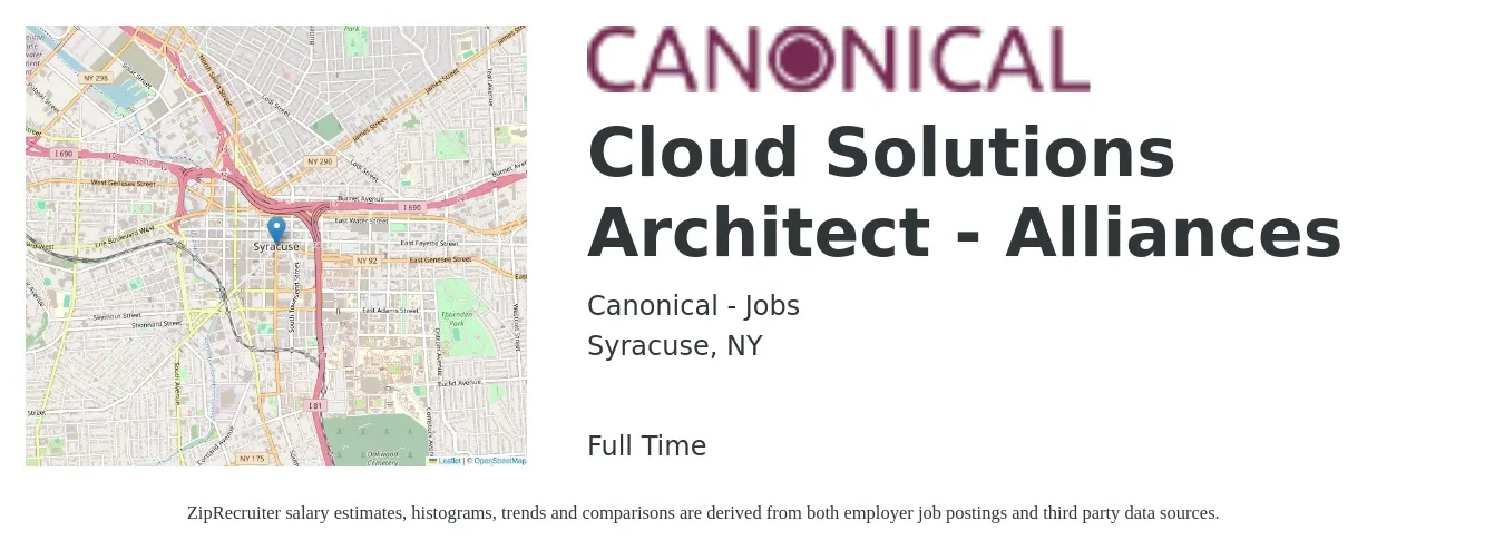 Canonical - Jobs job posting for a Cloud Solutions Architect - Alliances in Syracuse, NY with a salary of $63 to $86 Hourly with a map of Syracuse location.