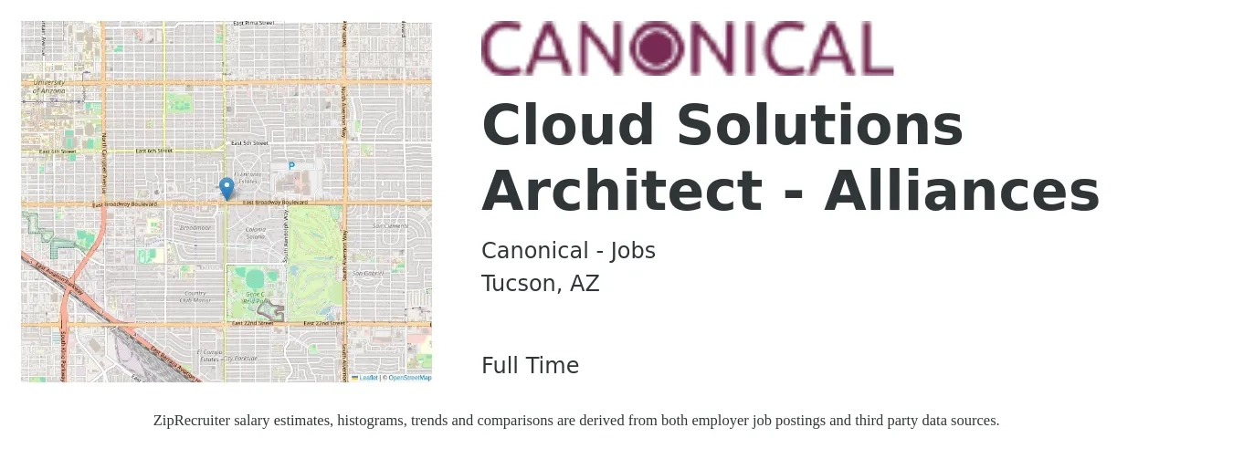 Canonical - Jobs job posting for a Cloud Solutions Architect - Alliances in Tucson, AZ with a salary of $60 to $82 Hourly with a map of Tucson location.