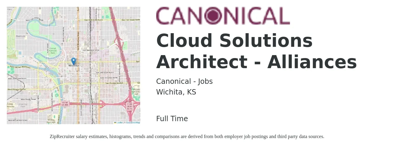 Canonical - Jobs job posting for a Cloud Solutions Architect - Alliances in Wichita, KS with a salary of $57 to $78 Hourly with a map of Wichita location.