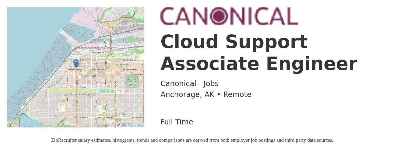 Canonical - Jobs job posting for a Cloud Support Associate Engineer in Anchorage, AK with a salary of $32 to $50 Hourly with a map of Anchorage location.