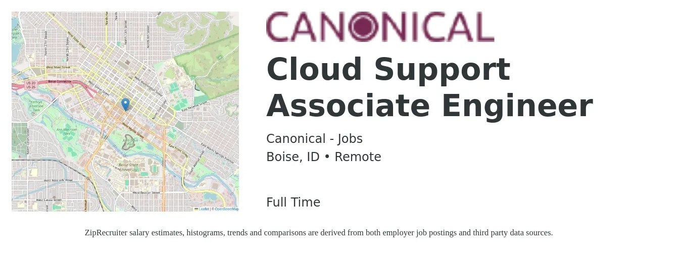 Canonical - Jobs job posting for a Cloud Support Associate Engineer in Boise, ID with a salary of $29 to $46 Hourly with a map of Boise location.