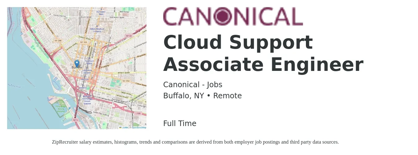 Canonical - Jobs job posting for a Cloud Support Associate Engineer in Buffalo, NY with a salary of $30 to $47 Hourly with a map of Buffalo location.