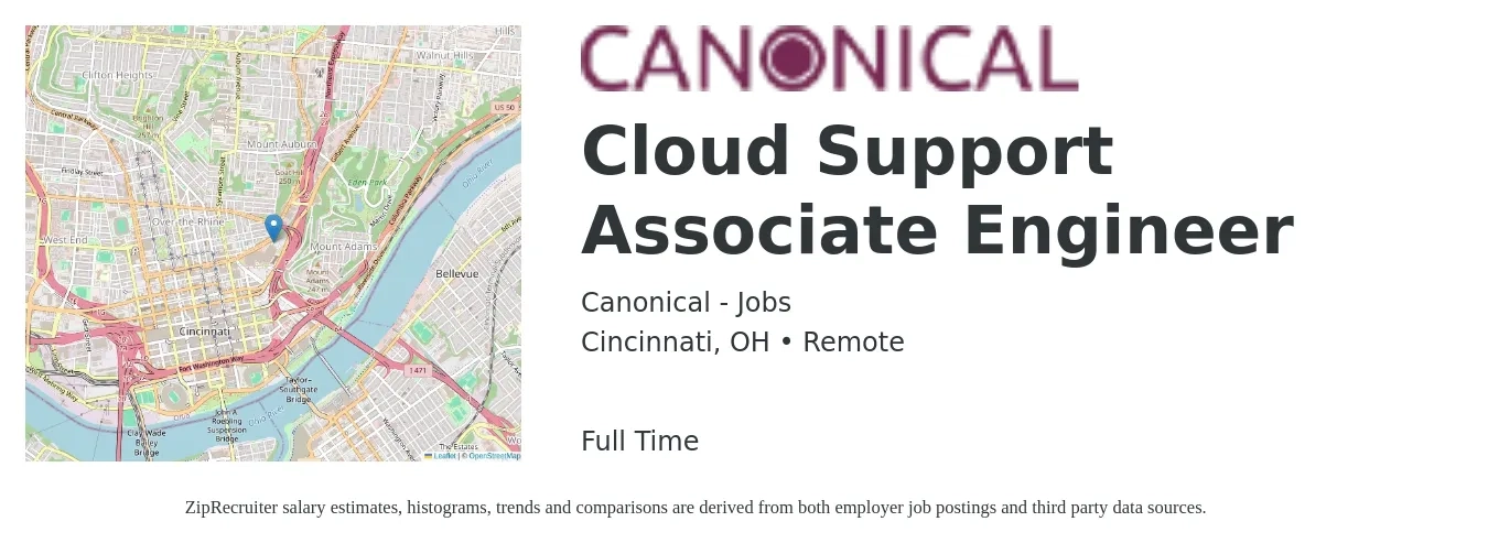 Canonical - Jobs job posting for a Cloud Support Associate Engineer in Cincinnati, OH with a salary of $30 to $46 Hourly with a map of Cincinnati location.