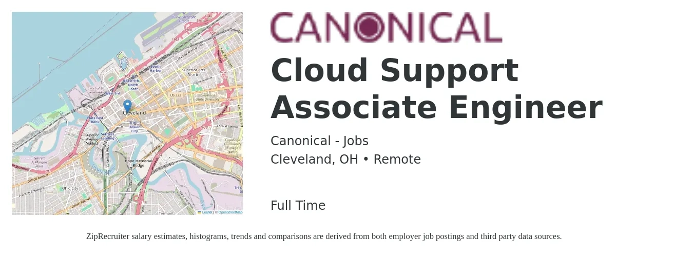 Canonical - Jobs job posting for a Cloud Support Associate Engineer in Cleveland, OH with a salary of $30 to $47 Hourly with a map of Cleveland location.