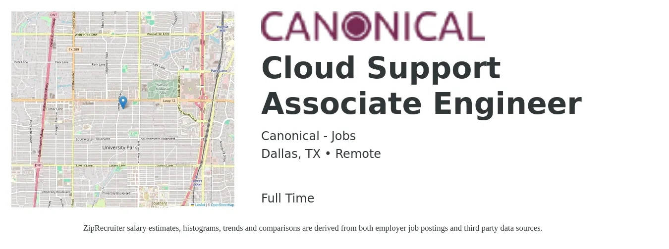 Canonical - Jobs job posting for a Cloud Support Associate Engineer in Dallas, TX with a salary of $30 to $48 Hourly with a map of Dallas location.