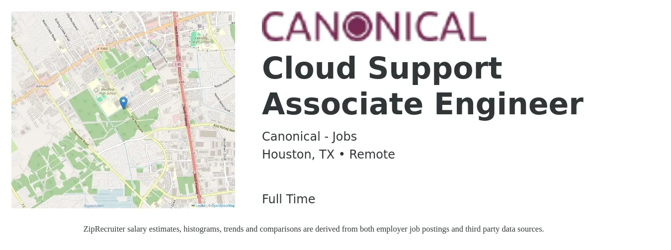 Canonical - Jobs job posting for a Cloud Support Associate Engineer in Houston, TX with a salary of $29 to $46 Hourly with a map of Houston location.