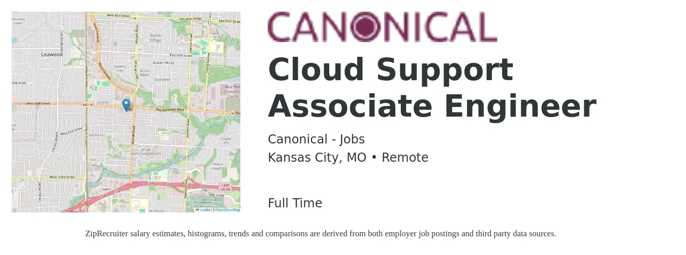 Canonical - Jobs job posting for a Cloud Support Associate Engineer in Kansas City, MO with a salary of $30 to $47 Hourly with a map of Kansas City location.