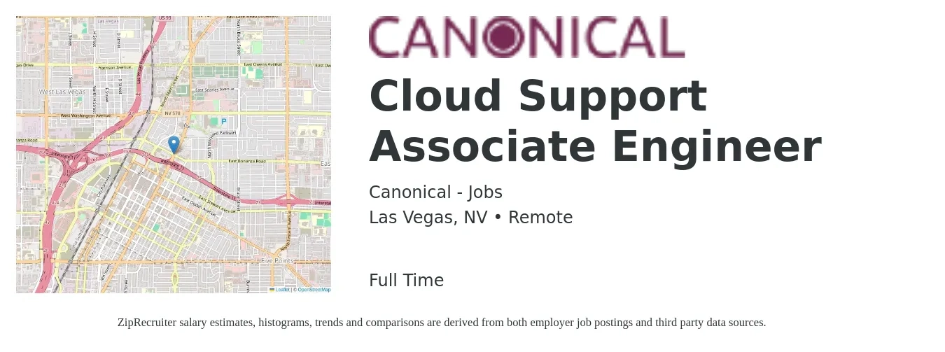 Canonical - Jobs job posting for a Cloud Support Associate Engineer in Las Vegas, NV with a salary of $29 to $46 Hourly with a map of Las Vegas location.