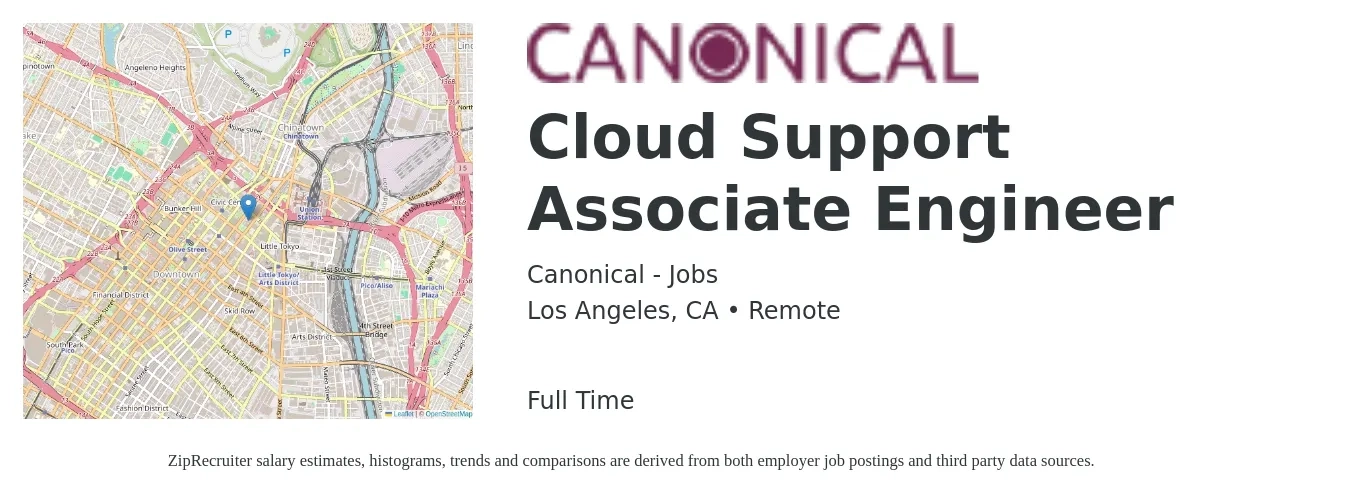 Canonical - Jobs job posting for a Cloud Support Associate Engineer in Los Angeles, CA with a salary of $33 to $52 Hourly with a map of Los Angeles location.