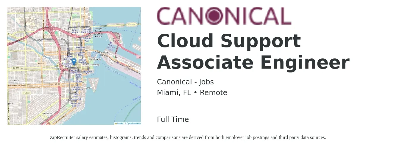 Canonical - Jobs job posting for a Cloud Support Associate Engineer in Miami, FL with a salary of $30 to $46 Hourly with a map of Miami location.
