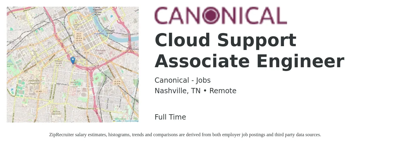 Canonical - Jobs job posting for a Cloud Support Associate Engineer in Nashville, TN with a salary of $30 to $47 Hourly with a map of Nashville location.