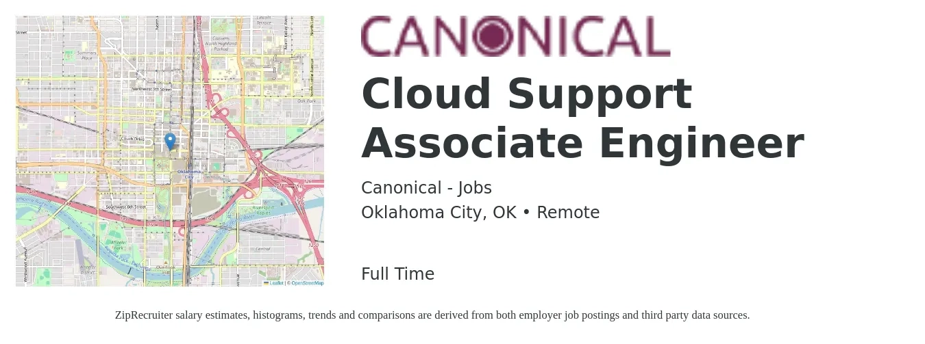 Canonical - Jobs job posting for a Cloud Support Associate Engineer in Oklahoma City, OK with a salary of $28 to $45 Hourly with a map of Oklahoma City location.