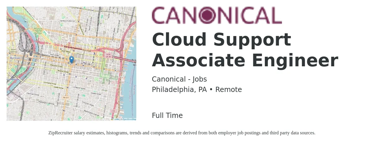 Canonical - Jobs job posting for a Cloud Support Associate Engineer in Philadelphia, PA with a salary of $31 to $49 Hourly with a map of Philadelphia location.