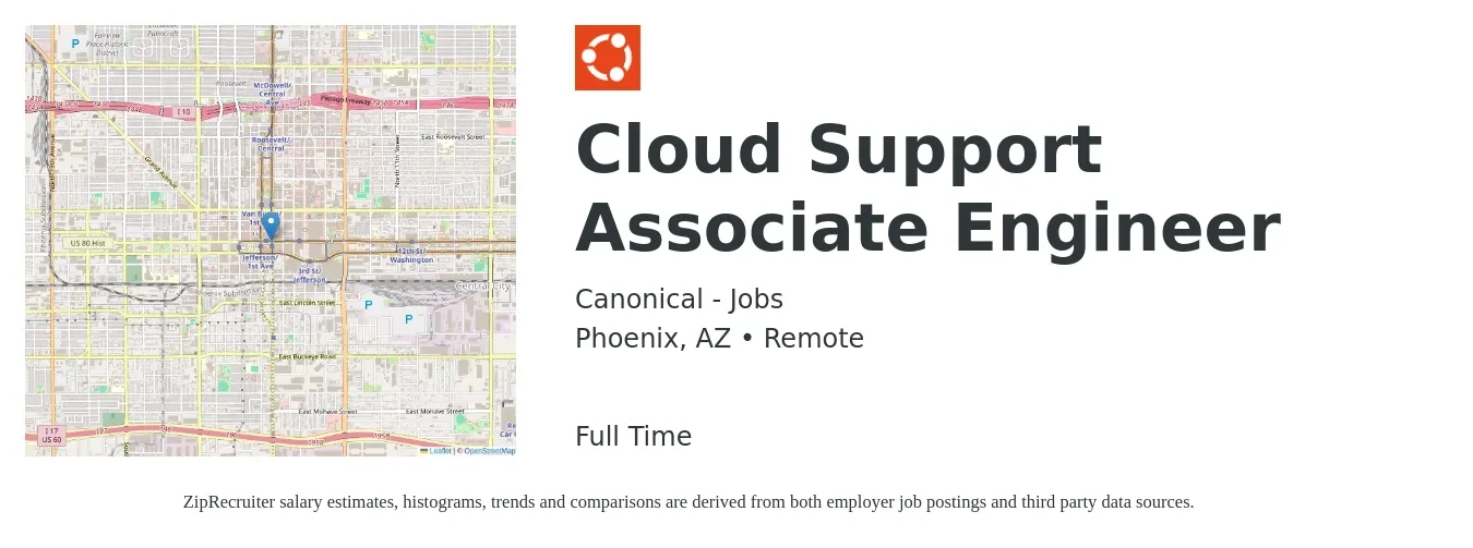 Canonical - Jobs job posting for a Cloud Support Associate Engineer in Phoenix, AZ with a salary of $30 to $48 Hourly with a map of Phoenix location.