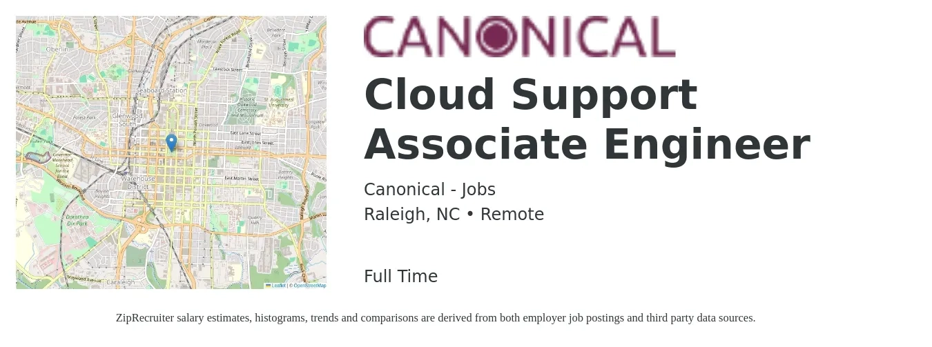 Canonical - Jobs job posting for a Cloud Support Associate Engineer in Raleigh, NC with a salary of $30 to $47 Hourly with a map of Raleigh location.