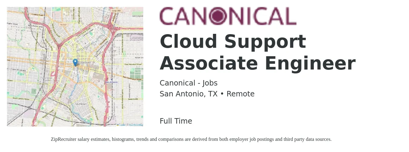 Canonical - Jobs job posting for a Cloud Support Associate Engineer in San Antonio, TX with a salary of $28 to $44 Hourly with a map of San Antonio location.