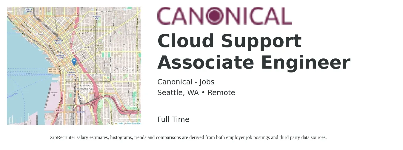 Canonical - Jobs job posting for a Cloud Support Associate Engineer in Seattle, WA with a salary of $35 to $55 Hourly with a map of Seattle location.