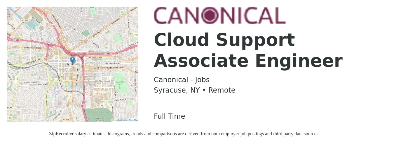 Canonical - Jobs job posting for a Cloud Support Associate Engineer in Syracuse, NY with a salary of $30 to $48 Hourly with a map of Syracuse location.