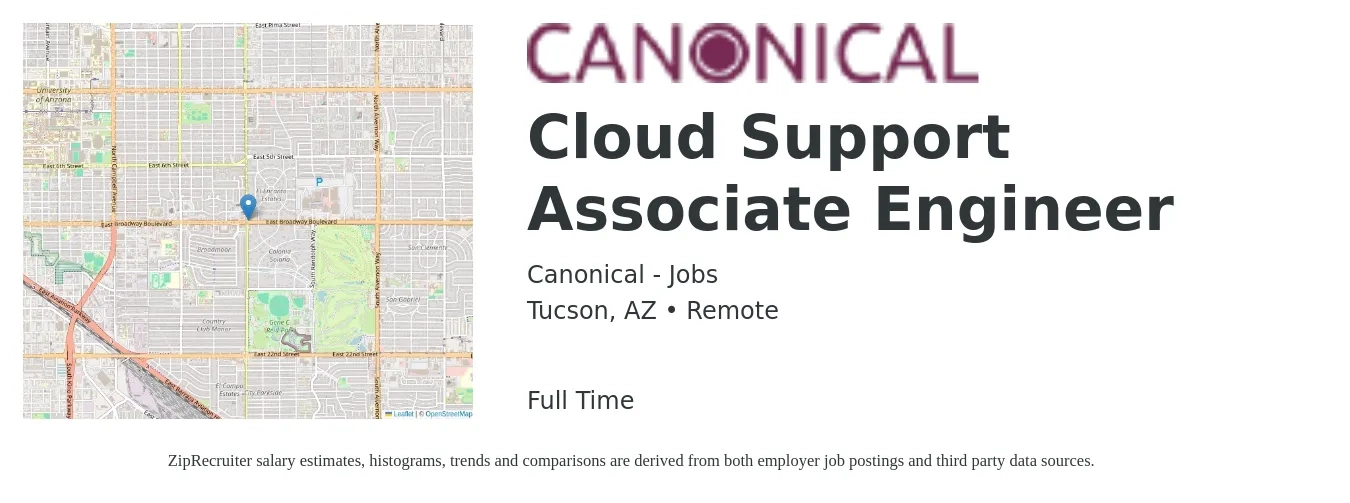 Canonical - Jobs job posting for a Cloud Support Associate Engineer in Tucson, AZ with a salary of $29 to $46 Hourly with a map of Tucson location.