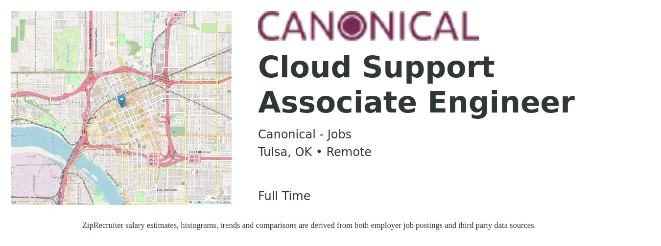 Canonical - Jobs job posting for a Cloud Support Associate Engineer in Tulsa, OK with a salary of $28 to $44 Hourly with a map of Tulsa location.