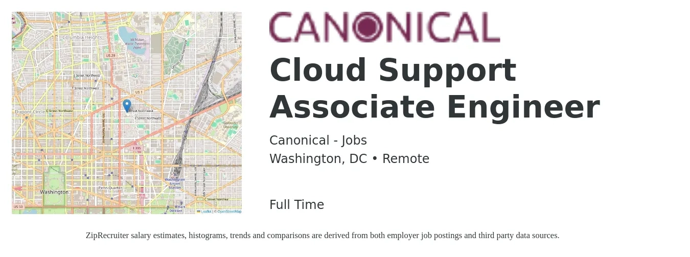 Canonical - Jobs job posting for a Cloud Support Associate Engineer in Washington, DC with a salary of $35 to $55 Hourly with a map of Washington location.