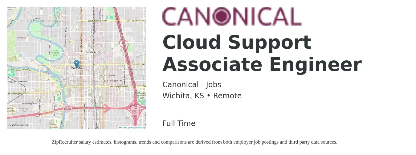 Canonical - Jobs job posting for a Cloud Support Associate Engineer in Wichita, KS with a salary of $28 to $44 Hourly with a map of Wichita location.