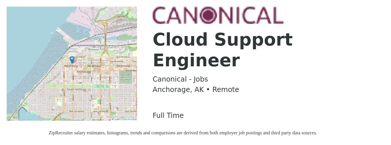 Canonical - Jobs job posting for a Cloud Support Engineer in Anchorage, AK with a salary of $155,900 to $171,200 Yearly with a map of Anchorage location.