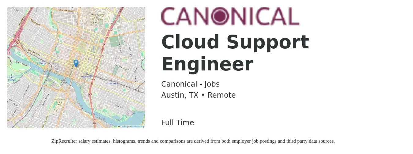 Canonical - Jobs job posting for a Cloud Support Engineer in Austin, TX with a salary of $151,200 to $166,000 Yearly with a map of Austin location.