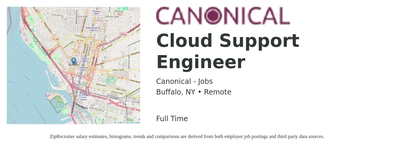 Canonical - Jobs job posting for a Cloud Support Engineer in Buffalo, NY with a salary of $147,700 to $162,300 Yearly with a map of Buffalo location.
