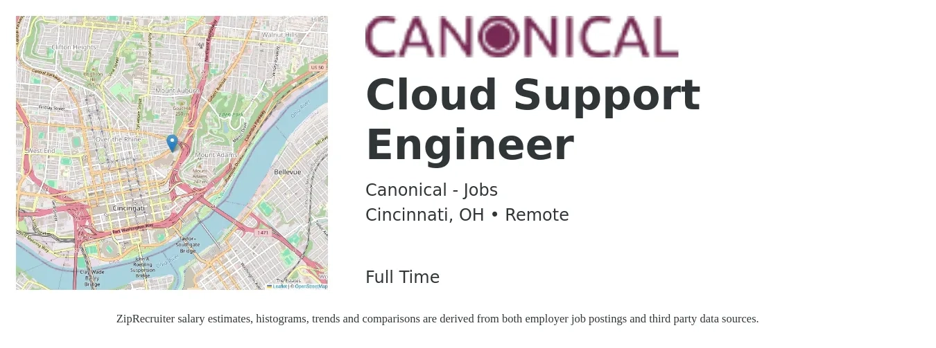 Canonical - Jobs job posting for a Cloud Support Engineer in Cincinnati, OH with a salary of $146,300 to $160,700 Yearly with a map of Cincinnati location.