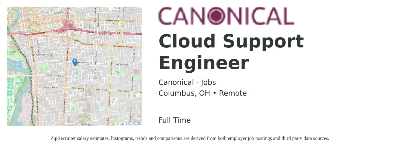 Canonical - Jobs job posting for a Cloud Support Engineer in Columbus, OH with a salary of $147,300 to $161,800 Yearly with a map of Columbus location.