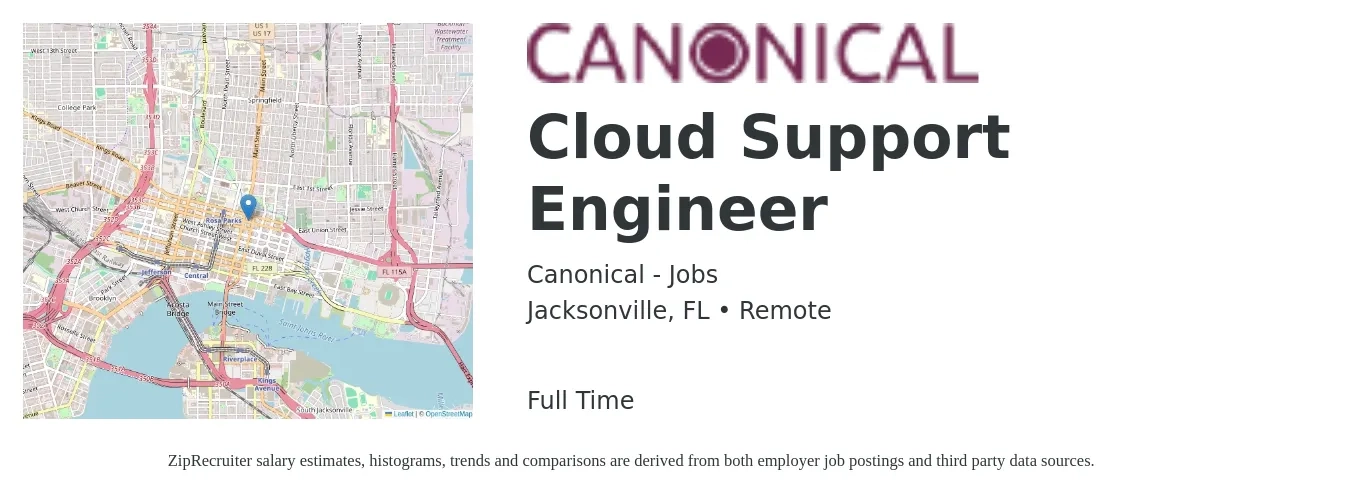 Canonical - Jobs job posting for a Cloud Support Engineer in Jacksonville, FL with a salary of $141,300 to $155,200 Yearly with a map of Jacksonville location.