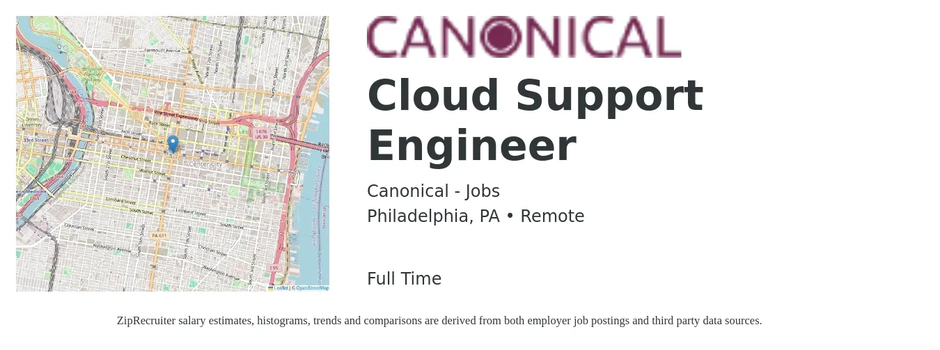 Canonical - Jobs job posting for a Cloud Support Engineer in Philadelphia, PA with a salary of $153,900 to $169,000 Yearly with a map of Philadelphia location.