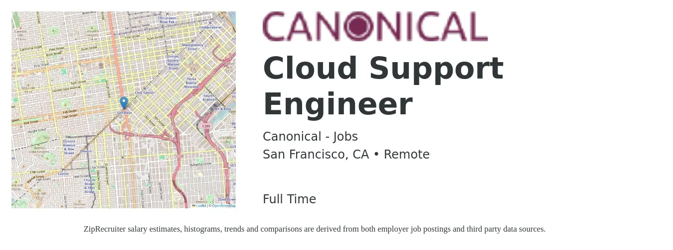 Canonical - Jobs job posting for a Cloud Support Engineer in San Francisco, CA with a salary of $179,700 to $197,300 Yearly with a map of San Francisco location.