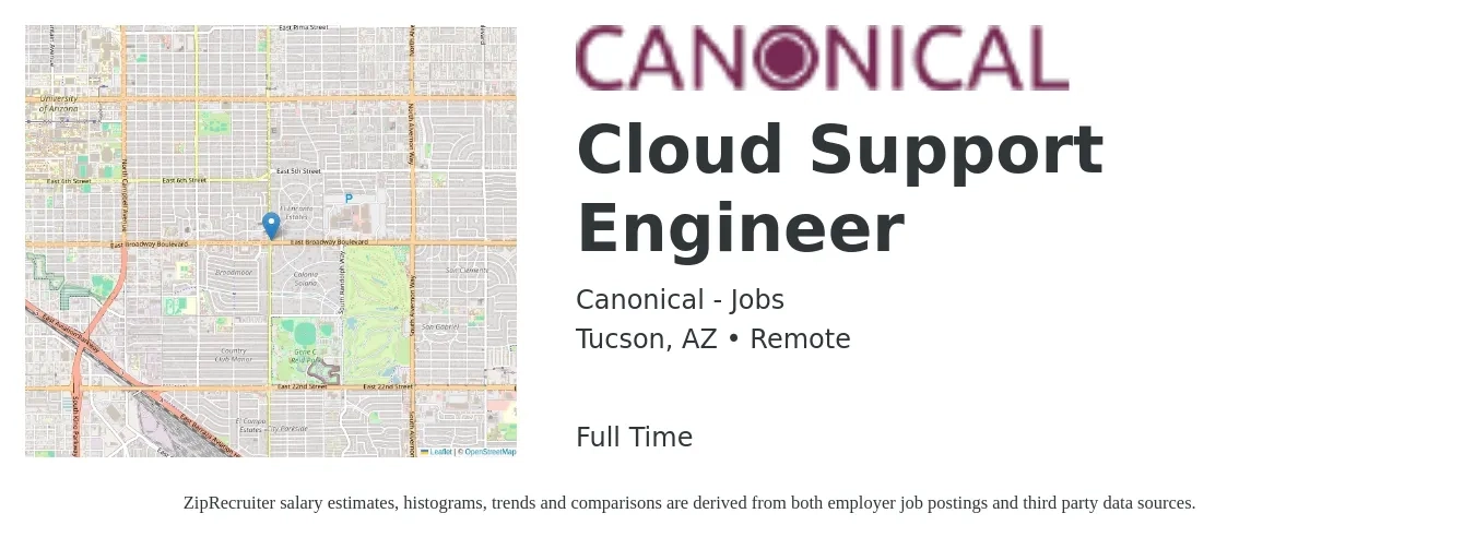 Canonical - Jobs job posting for a Cloud Support Engineer in Tucson, AZ with a salary of $144,200 to $158,400 Yearly with a map of Tucson location.