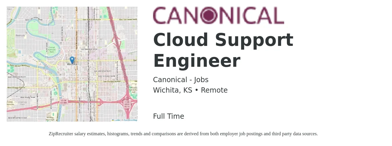Canonical - Jobs job posting for a Cloud Support Engineer in Wichita, KS with a salary of $136,400 to $149,800 Yearly with a map of Wichita location.