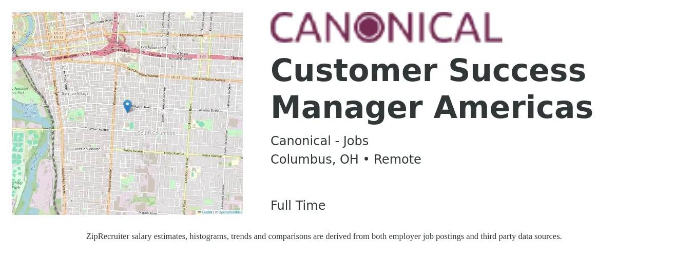 Canonical - Jobs job posting for a Customer Success Manager Americas in Columbus, OH with a salary of $57,500 to $95,600 Yearly with a map of Columbus location.