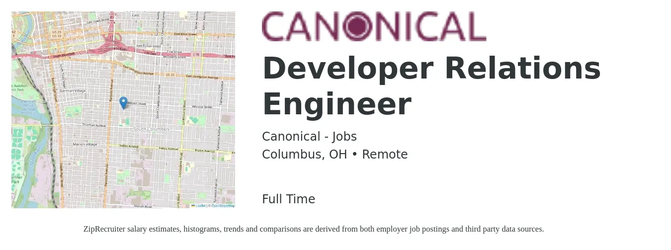 Canonical - Jobs job posting for a Developer Relations Engineer in Columbus, OH with a salary of $66,600 to $144,900 Yearly with a map of Columbus location.